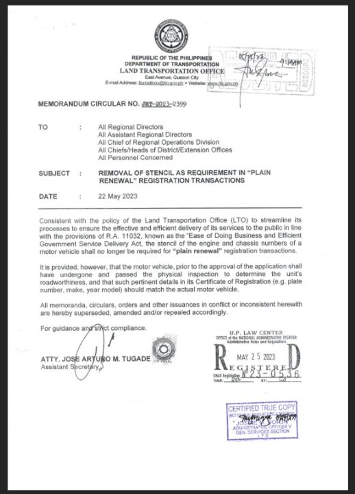 Official Lto Memo Engine Chassis Number Stencil For Plain Renewal