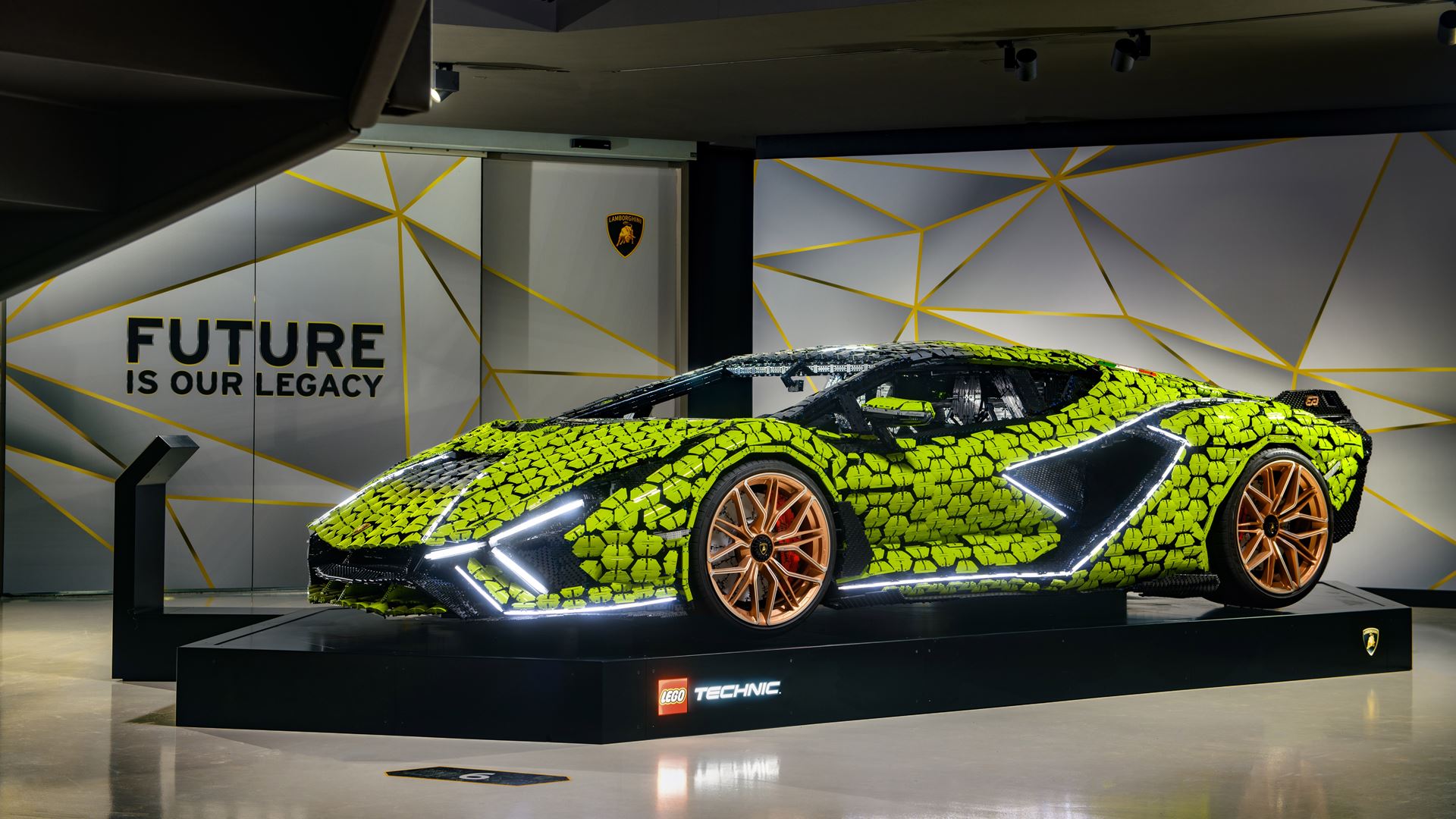 A 1:1 scale Lamborghini Sian FKP 37 built with 400,000 bricks on display at Museo Automobili Lamborghini