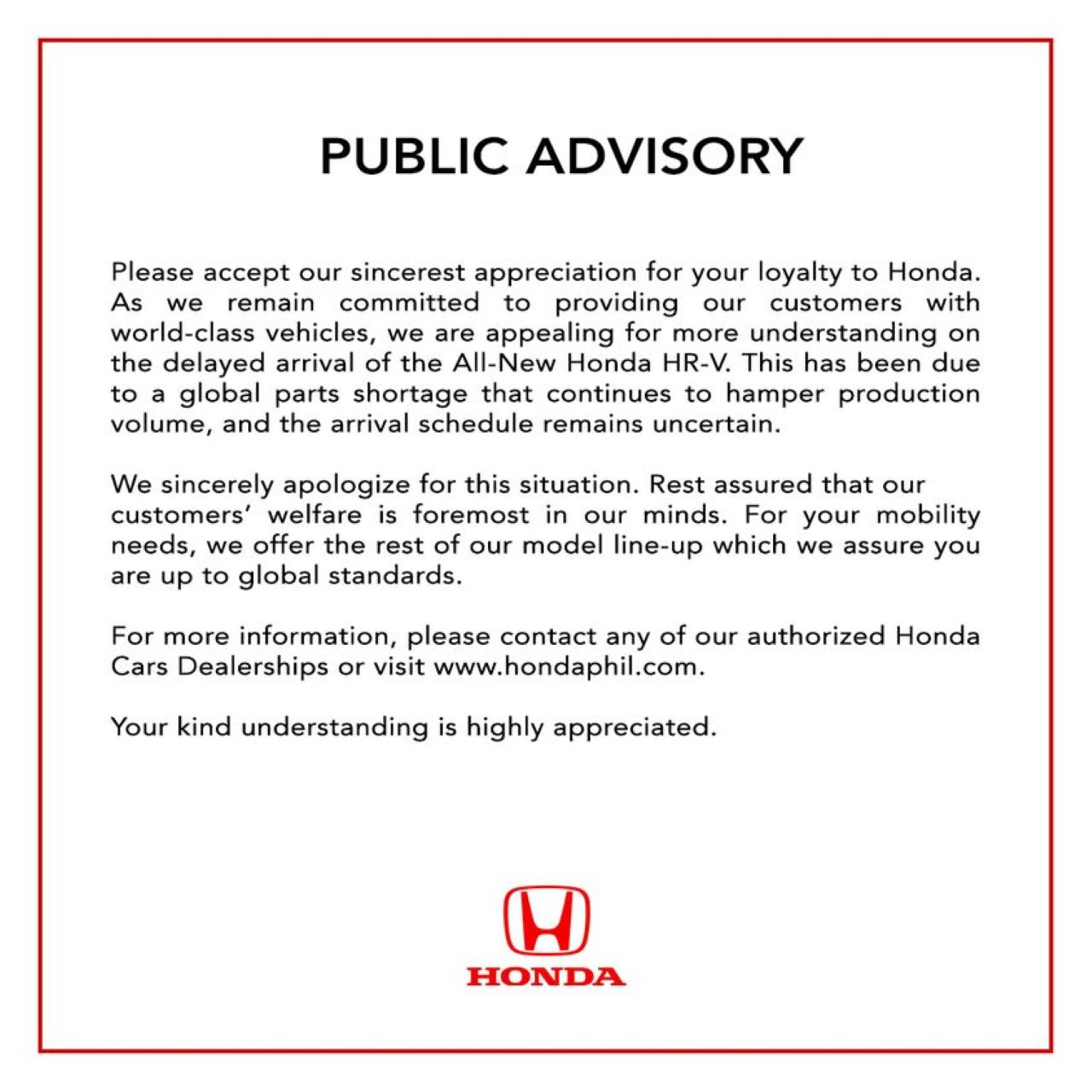 2022 Honda Hr-V Delivery Delay Ph Announcement Inline 01