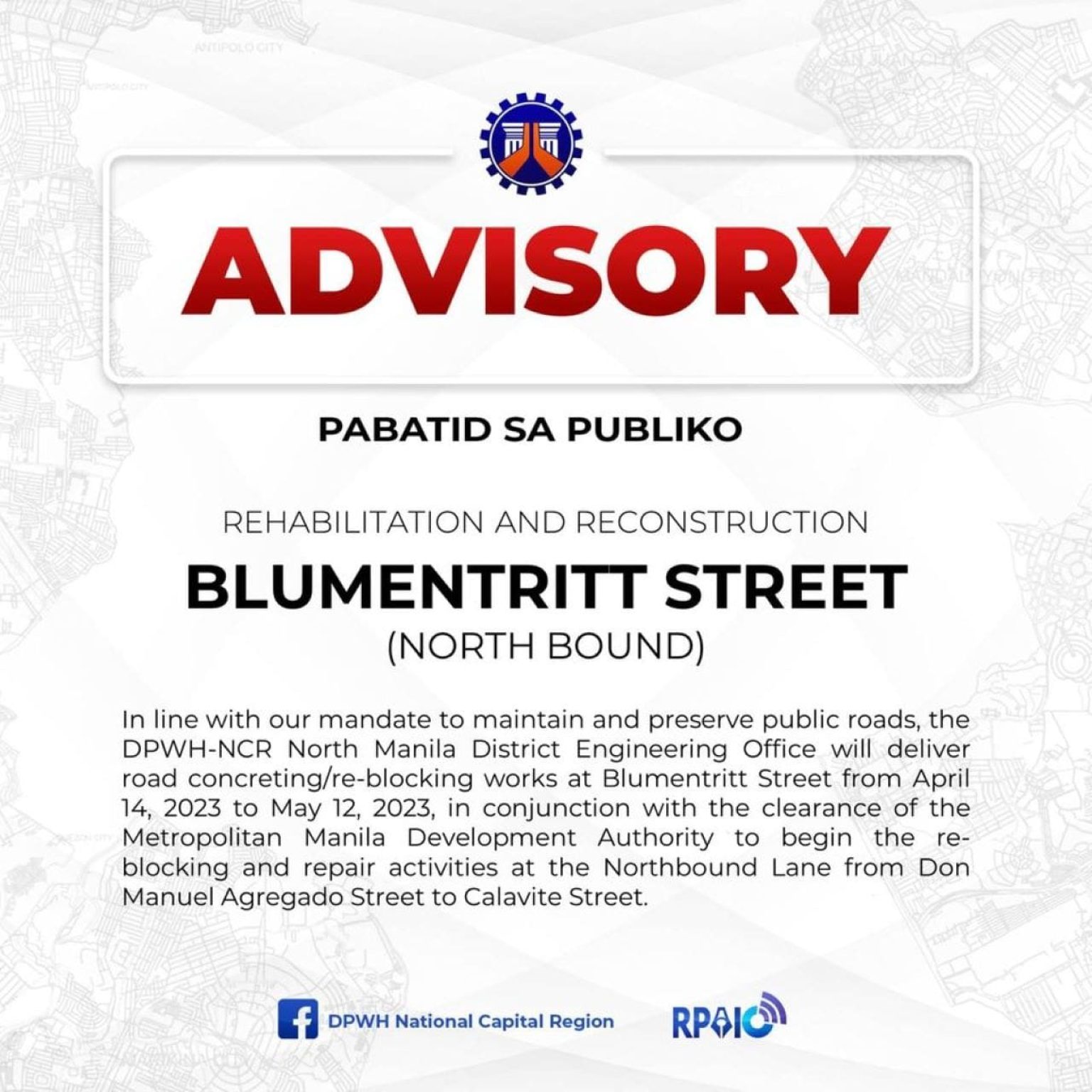 DPWH: Partial road closure of Blumentritt, Manila, April 14-May 12 ...