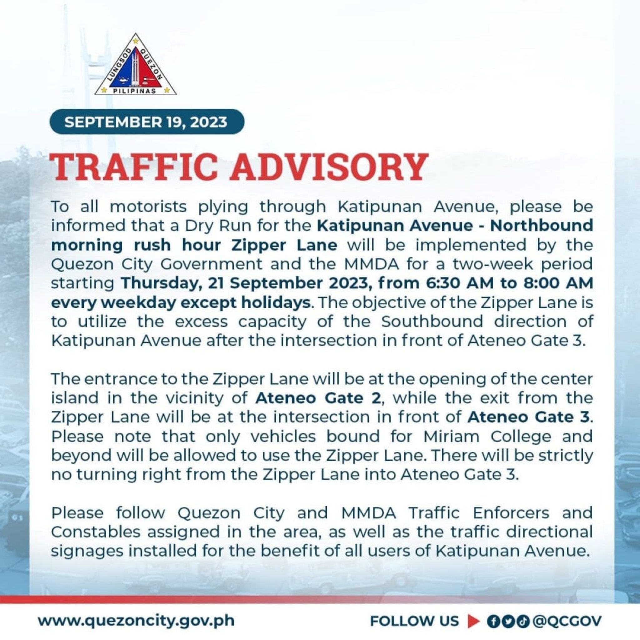 Important Katipunan Traffic Advisory: New 2-week Zipper Lane Dry Run ...