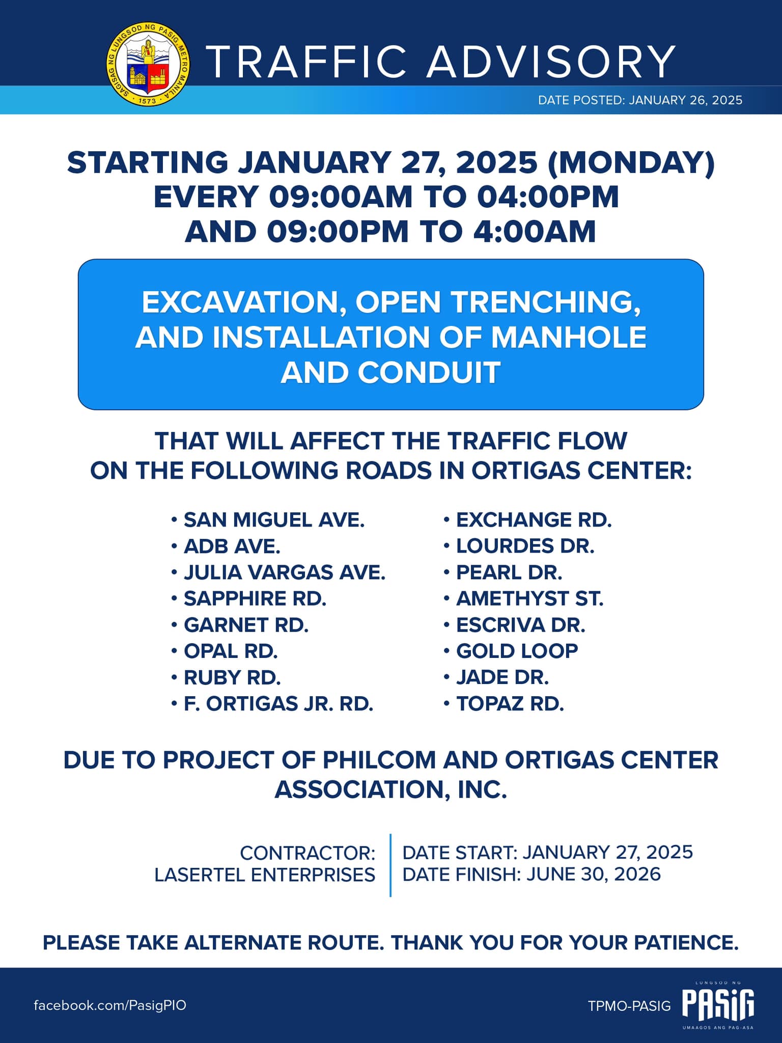 Roadworks initiative to affect Ortigas traffic flow starting today until June 2026